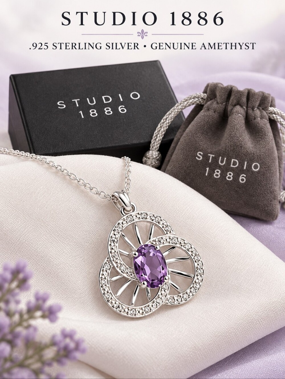 Avon Studio 1886 Sterling Silver Amethyst Flower Necklace NIB 18”